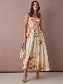 Enchnt Fall/Winter Romantic Women's Apricot Floral Print Spaghetti Strap Princess Maxi Dress - Yellow - View 5