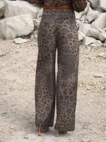 MUSERA Pantalones rectos con detalle de pliegue a medida con estampado de leopardo para ocasión de noche, elegante, otoño, Navidad, Año Nuevo, fiesta