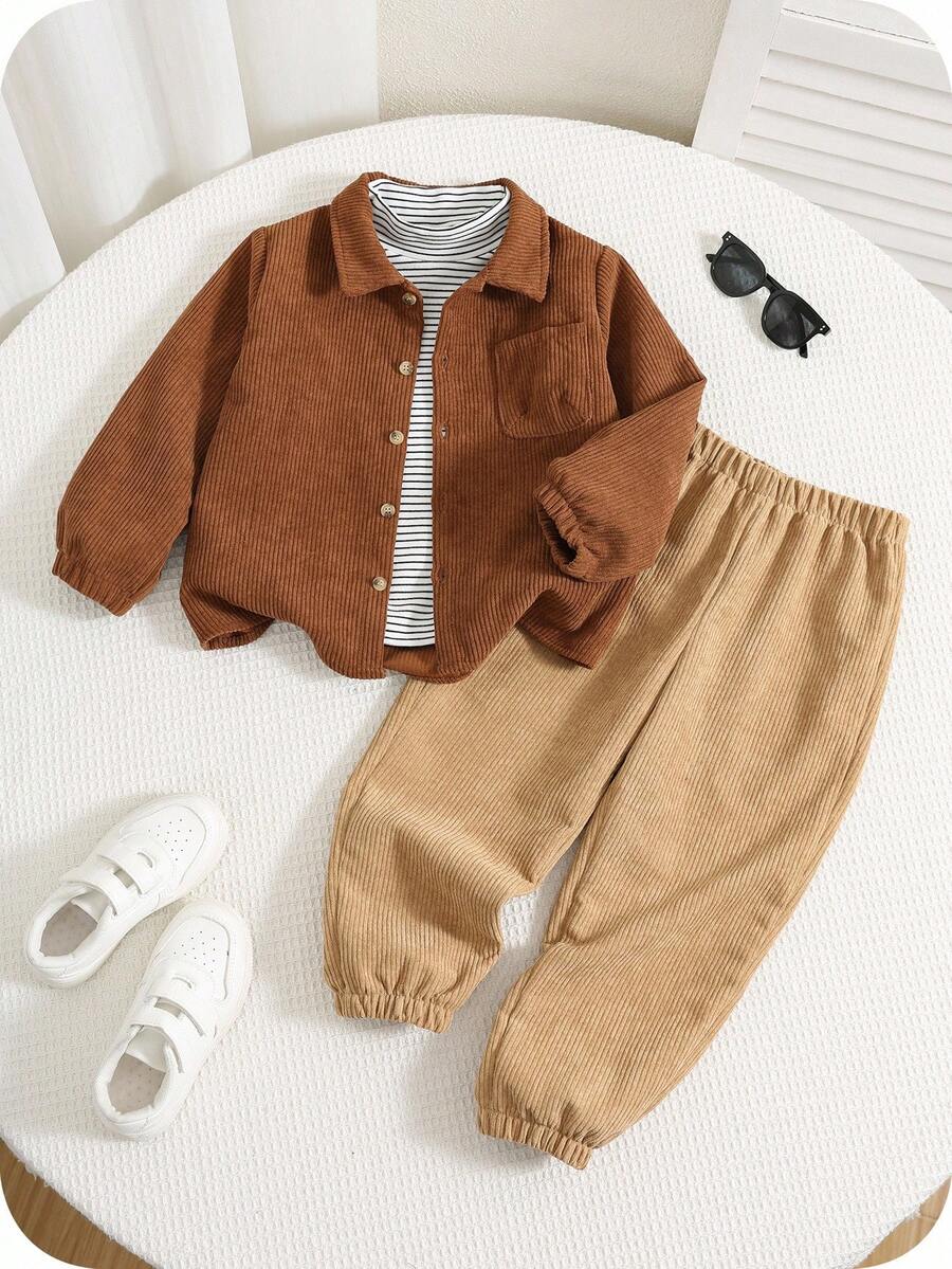 SHEIN 3 件套年轻男孩秋冬灯芯绒长袖衬衫、条纹长袖上衣、高领 T 恤和休闲裤套装，适合室内、户外、日常穿着、运动、玩耍、派对、拍照、假日、节日、狂欢