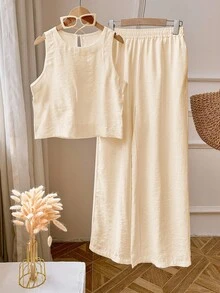 2pcs/Set Women Sleeveless Solid Color Tank Top & Pants Set, Back To School Clothes - Apricot - View 6