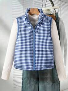 Teen Girl Casual Plaid Sleeveless Jacket, Autumn/Winter Fall - Multicolor - View 7