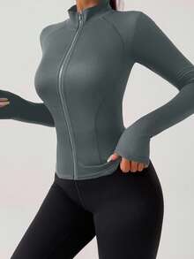 DAZY Sports Running Yoga Slim Fit Long Sleeve Jacket - Dark Grey - View 4