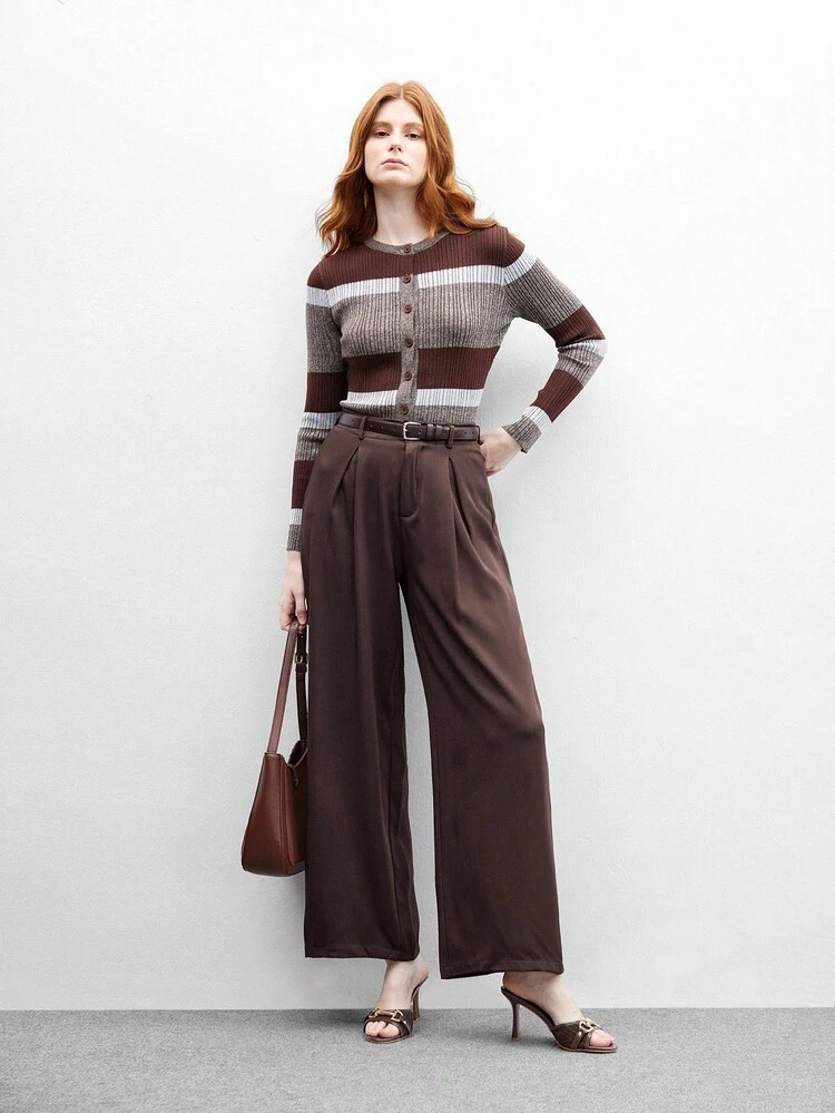 CUCCOO BIZCHIC 8.8cm Heel Height Brown PU Mixed With Gold Buckle Decor Retro Fashion Round Toe Mule High Heel Sandals For Christmas Spring Shoes Summer Shoes