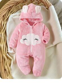 新生女婴卡通云朵图案贴花拉链连帽保暖法兰绒连体衣 适合秋冬季