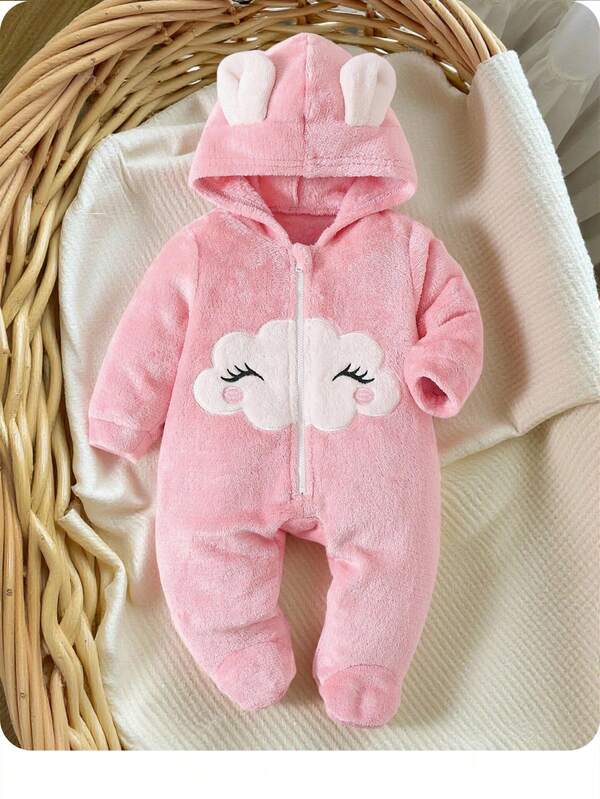 新生女婴卡通云朵图案贴花拉链连帽保暖法兰绒连体衣 适合秋冬季