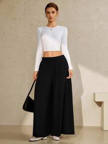 SHEIN LUNE 女士黑色新款秋冬休闲优雅畅销褶皱提花针织裤新年圣诞节外出聚会通勤场合