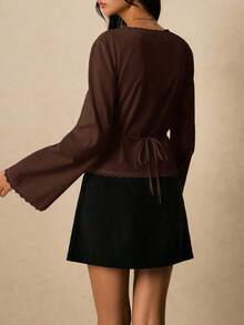Poéselle Women's Solid Color Long Sleeve V-Neck Front Button Lace Trim Fashion Blouse,Brown Top - Coffee Brown - View 7