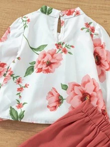 SHEIN Young Girl Floral Blouse With Double Breasted Pants - Multicolor - View 3