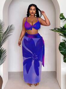 Slaydiva Plus Size Women 3pcs Set Ombre Gradient Print Fashion Minimalist Sexy Placement Print A-Line Skirt High Waist Panty Casual Stylish Vacation Split Bikini Set For Summer - Blue - View 1