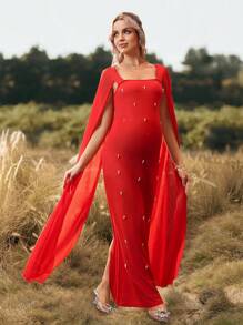 Cheriluna Maternity 优雅孕妇连衣长裙，方领雪纺弹力针织面料，美人鱼风格，适合圣诞派对、迎婴派对，红色 - 紅色 - 查看 4