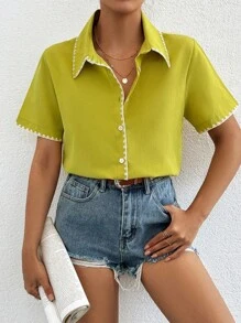 SHEIN Cottnline Embroidery Detailed Collar And Placket Short Sleeve Buttoned Shirt - Lime Green - View 5
