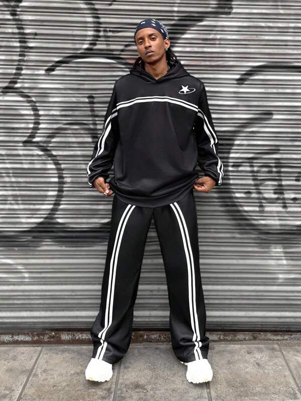 PAVTROS Conjunto de sudadera con capucha de manga larga a rayas y pantalón de chándal casual para hombre