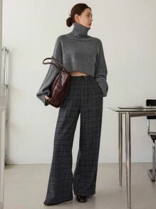 Dazy-Less 女士宽松格子直筒休闲裤，适合商务、办公室、通勤、秋冬季女士正装裤 - 深灰色 - 查看 9