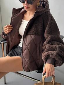 DAZY Women's Autumn/Winter Patchwork Houndstooth Short Lamb Wool Padded Coat Jacket - Brown - View 7