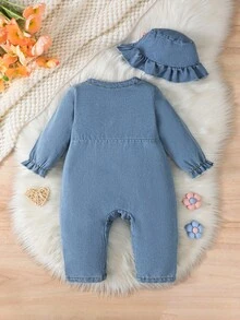 SHEIN 1 件女童/女宝宝休闲蓝色水洗牛仔花卉刺绣长袖连体裤 - 藍色 - 查看 2