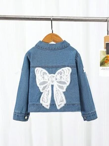 1 件女童休闲学院风水洗蓝色蝴蝶结长袖牛仔夹克 - 藍色 - 查看 1