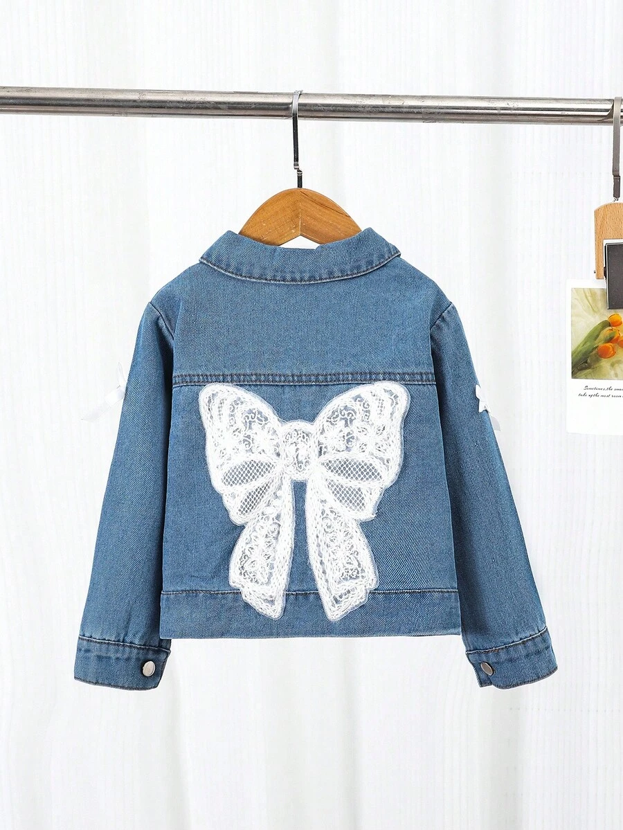 1 件女童休闲学院风水洗蓝色蝴蝶结长袖牛仔夹克 - 藍色 - 查看 1