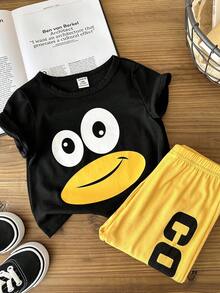 SHEIN 男婴卡通企鹅图案无袖 T 恤和裤子，2 件/套 - 黃色 - 查看 6