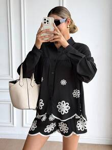 SHEIN Frenchy Damen Mode Lässig Blumen Muster Hemd & Shorts 2 Stücke Set