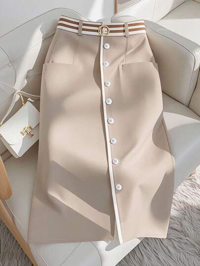 Franclia 女装单排扣撞色拼接设计高端A字裙半身裙通勤优雅日常教师杏色口袋杏色撞色白色女裙纽扣前开襟半身裙米色半身裙优雅半身裙高腰半身裙女装秋装秋季女装秋季秋装女装秋季女装秋季女装秋季女装秋季女装优雅时尚休闲通勤商务办公日常休闲百搭气质都市教师职业装