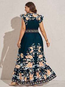 Comfylo 大码女式休闲花卉印花长裙，适合夏季度假穿着 - 綠色 - 查看 2