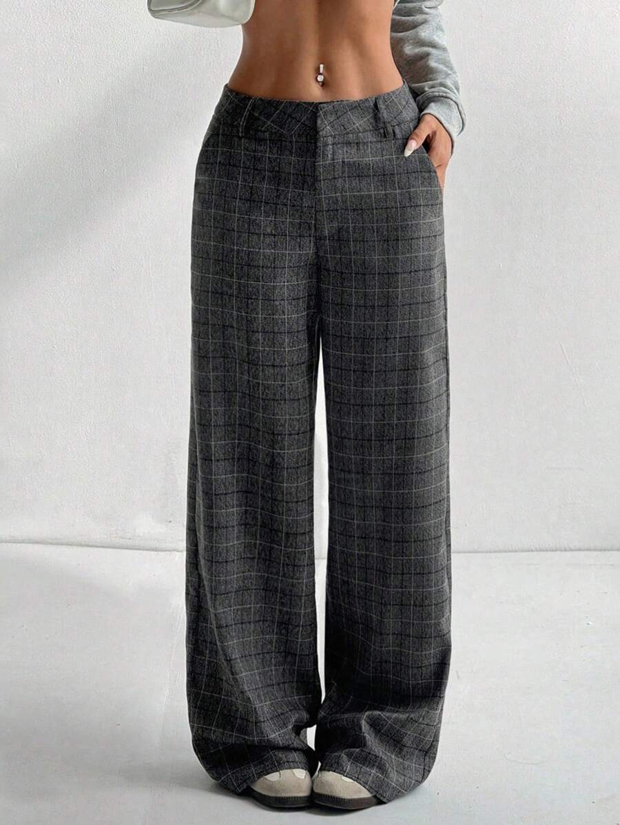Flirla Tall Women's Extra Long Plaid Dark Grey Casual Loose Comfortable Pants, Suitable For Commuting - Dark Grey - View 1