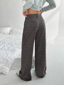 Flirla 1 件女士休闲、日常、户外、通勤格子低腰宽松直筒裤，灰色，复古 - 灰色 - 查看 2
