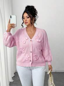SHEIN CURVE+ 大码时尚休闲 V 领蝴蝶结女式宽松开衫，秋冬季外套上衣，粉色 - 粉色 - 查看 4