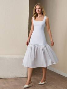 CLARA VERO Solid Color Fitted Bodice Dress With Hipline Shirred, Elegant - White - View 6