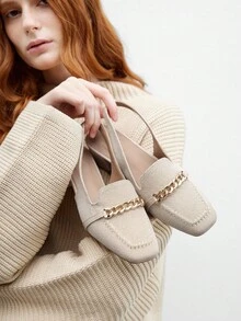 CUCCOO BIZCHIC Shiny Fabric Chain Buckle Low Heel Square Toe Chunky Heel Shoes, Fashionable Casual Commute Shoes, Date Shoes, Party Shoes, Holiday Shoes, Suitable For Women To Wear In Spring, Suitable For Spring Break, Easter And Other Occasions