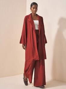 Zivah 2025春秋新款优雅通勤休闲派对宽松纯色红棕色长袖西装外套亚麻材质长外套和亚麻系腰阔腿裤女款两件套 - 棕色 - 查看 4