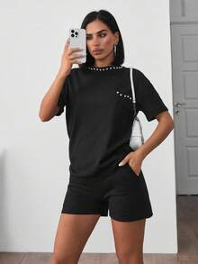 ZIRRA 2pcs/Set Women Summer Casual Beaded Decor T-Shirt And Shorts - Black - View 3