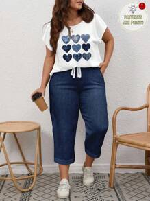 EMERY ROSE 2pcs/Set Plus Size Women Faux Denim Texture Heart Print Short Sleeve Top And Pants Casual Outfit Suitable For Going Out,Holiday Outfits For Women - Navy Blue - View 8