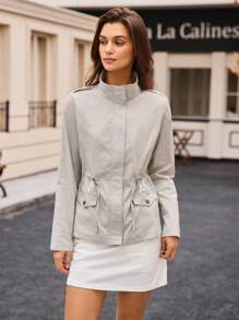 Hanevo 女式纯色翻领拉链运动休闲修身轻便夹克，秋冬 - 淺灰色 - 查看 5