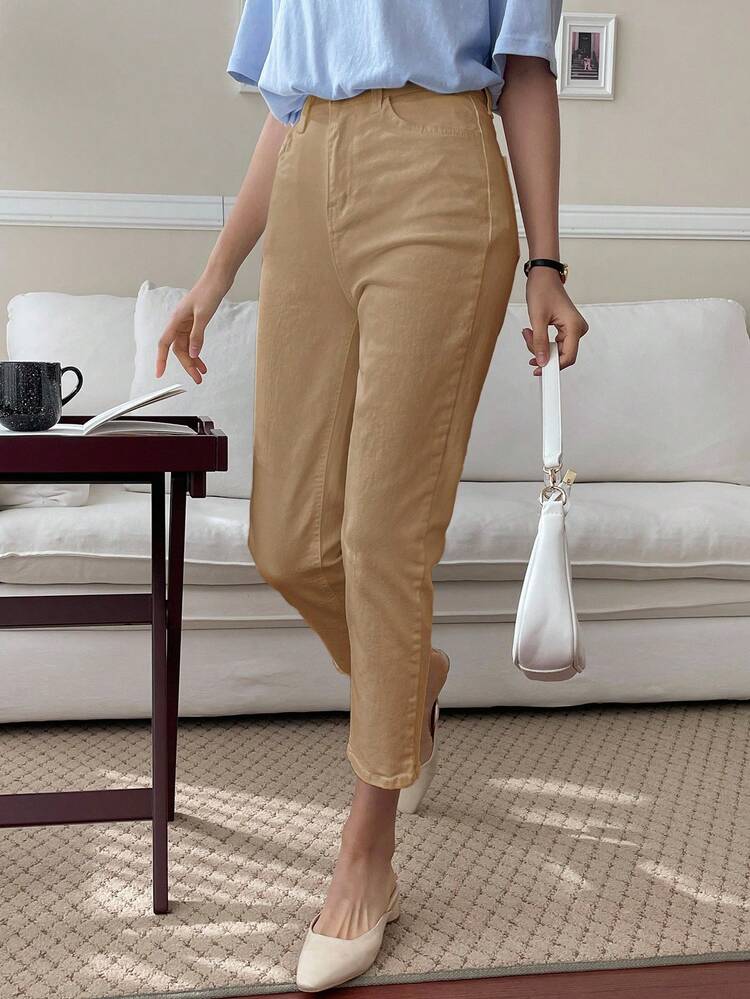 Women's Solid Color Casual Belted Waist Denim Pants, Versatile For Summer Women Jeans