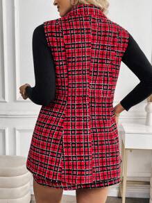 SHEIN LUNE Women's Plus Size Plaid Pattern Vest + A-Line Midi Skirt 2 Pieces Set, Elegant For Daily Commute - Red - View 2