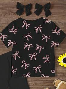 SHEIN Happikins 2pcs/Set Young Girl Casual Minimalist Pink Leopard Print Bow Decor Round Neck Short Sleeve Top And Flare Pants Outfit, Suitable For Summer