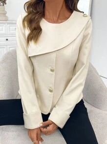 Elenzga Beige French Arc Shawl Collar Fitted Women Overcoat Fall Winter Cloth For Women - White - View 4