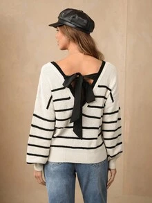 Wildy 系带后落肩后绑带毛衣女休闲条纹结后落肩长袖毛衣秋季毛衣保暖衣服冬季毛衣女毛衣、长袖上衣、针织毛衣 - 彩色 - 查看 1