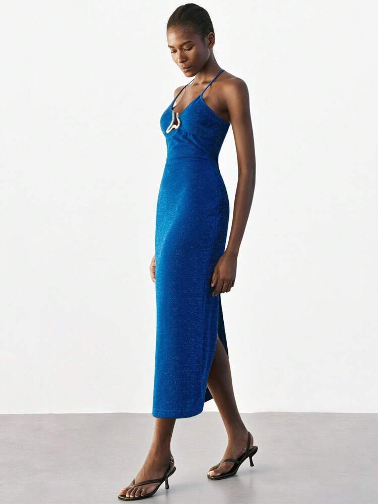 SHEIN Maija Women's Elegant Solid Color Halter Dress, Summer Blue Midi Dress Blue Dress Women Cobalt Blue Dress Blue Dress Midi Dress Blue Sparkly Dress Fall Women Clothes, Winter Party,Halloween, Homecoming, Christmas Clothes, Christmas Dress, Dirndl, Date Night Outfits Women, Dress For Wedding Guest, Wedding Guest, Dresses For Wedding Guest, Wedding Guest Dress Elegant, Off The Shoulder, Old Money Style Women, Christmas