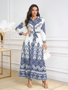 Ellevyn Women's Elegant Vintage Print Belted Shirt Dress