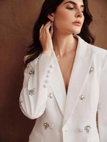 Anewsta Fashionable Minimalist Luxurious Modern White Women's High-End Embellished Waist-Cinching Blazer, Suitable For Evening Dress And Festive Occasions - White - View 2