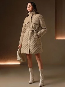 Anewsta 女式长款夹棉大衣，适合秋季、秋季、冬季、外出、优雅、正式、派对、别致、新年、女式冬季大衣、圣诞节、工作、毕业 - 卡其色 - 查看 4