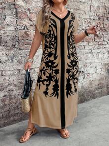 EMERY ROSE Spring Women Plus Size Colorblock Floral Print Short Sleeve Dress