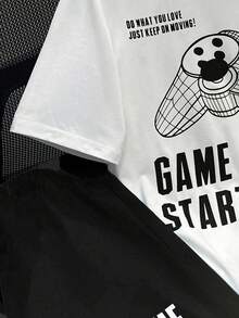 SHEIN 2pcs/Set Teen Boys' Casual Video Game Graphic Print T-Shirt And Shorts Set, Summer, Cotton Blend - Black and White - View 9