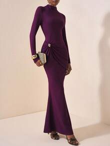 Zivah Vestido longo feminino plissado, elegante, casual, roxo, slim, manga comprida, com decoração de metal, para outono e inverno 2025, adequado para viagens, deslocamento diário, festa, férias, estilo tradicional, compras, banquete, elegante, festa, encontro, casual - Borgonha - Ver 6