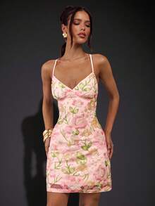 SHEIN BAE 春夏纯粉色重工装饰水钻亮片花卉露背迷你连衣裙，海滩度假连衣裙，性感露背优雅甜美可爱连衣裙，毕业礼服