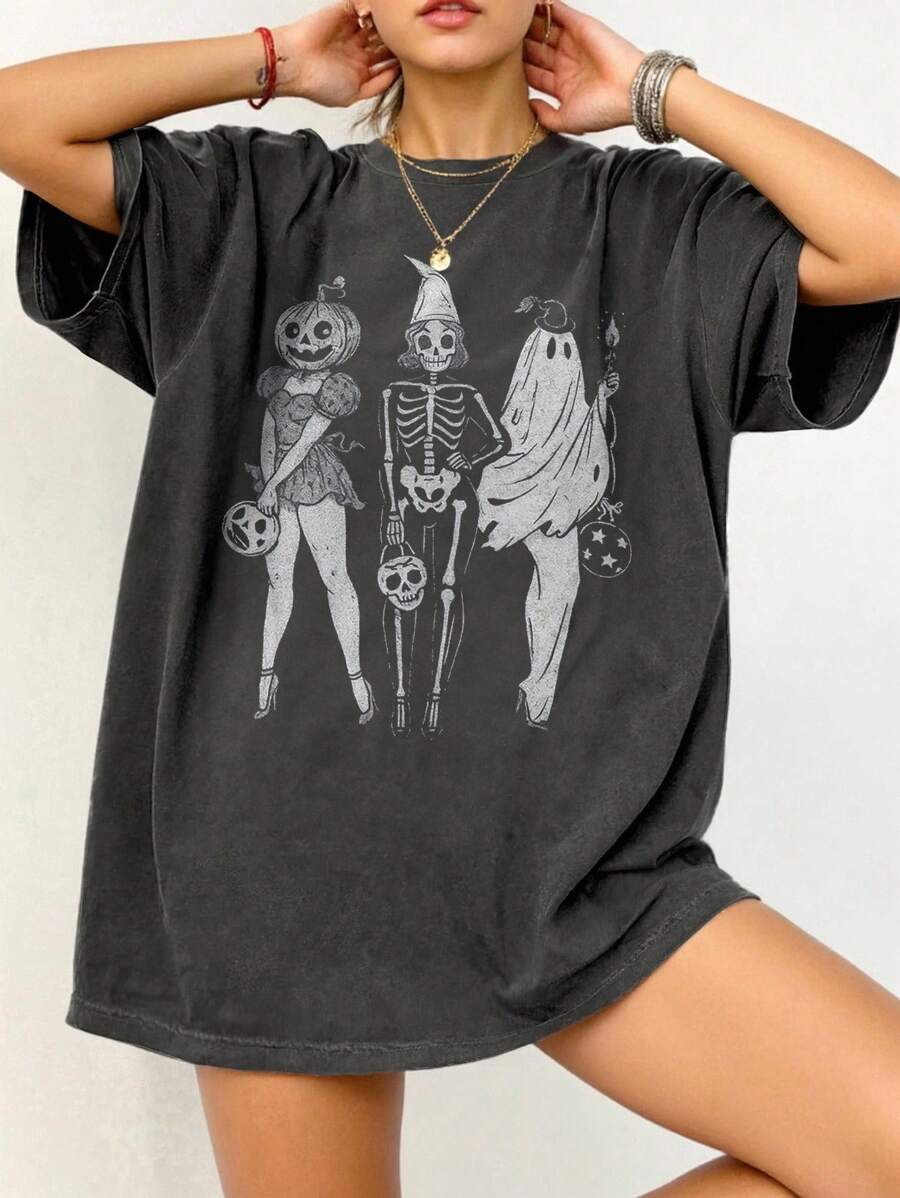 EMERY ROSE 休闲宽松夏季女式短袖 T 恤，图案 T 恤适合日常穿着 - 深灰色 - 查看 1