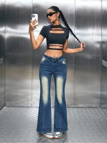 SHEIN ICON 女式休闲复古水洗紧身喇叭牛仔裤 - 藍色 - 查看 4