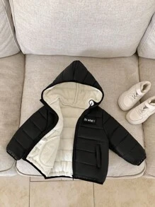 SHEIN Baby Boys Black Winter Thermal Lined Hooded Zip-Up Padded Coat, Casual All-Match Versatile Soft Comfortable Outerwear Suitable For Playing In Snow Fall - Black - View 8